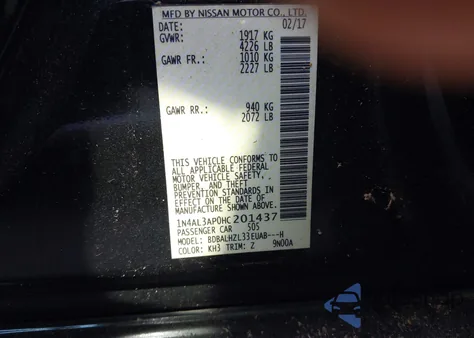 2017 Nissan Altima 2.5 Sr из США, поврежденный, VIN 1N4AL3AP0HC201437